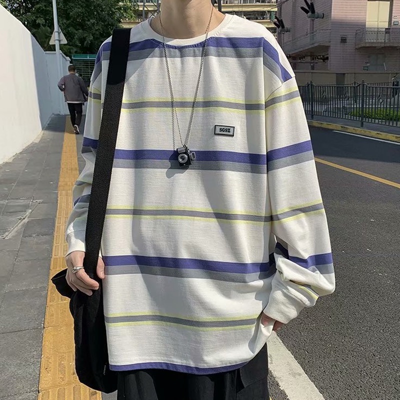 Áo thun tay dài cổ tròn dáng rộng họa tiết sọc ngang phong cách Hàn Quốc thời trang cho nam