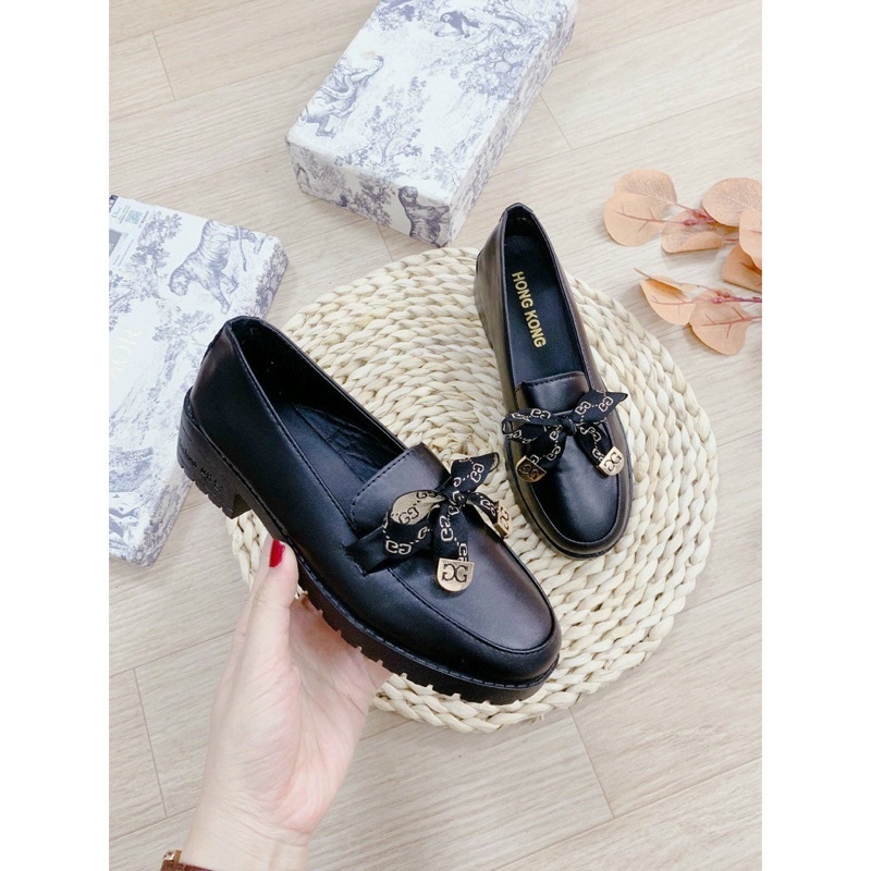 Giày lười đi học nữ nơ vải đế 3p,hài búp bê mũi tròn đế đốc da sần hót hít rẻ đi chơi đẹp ảnh thật