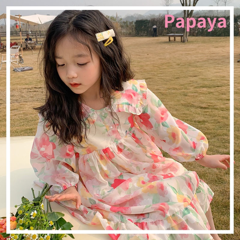 Đầm chiffon Mỏng Tay Dài In Họa Tiết Hoa Phong Cách Hàn Quốc Thời Trang Mùa Xuân Mới 2022 Dành Cho Bé Gái