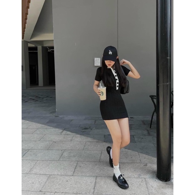 Đầm Body Dáng Ngắn Polo Cổ Bẻ Núc Viền Trắng Cài Khuy Xẻ Đùi alohashop91