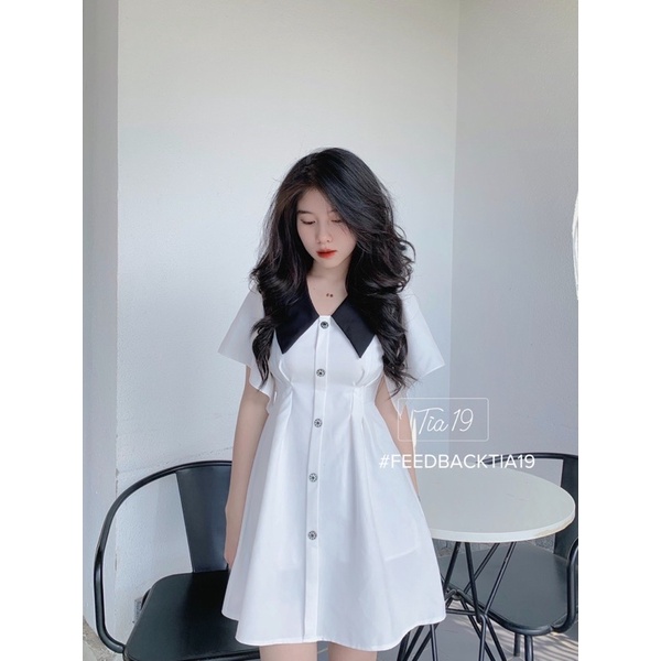 Váy cổ V tay xoè ulzzang Tia19. Đầm pha trắng đen dự tiệc cutout tay rộng | BigBuy360 - bigbuy360.vn