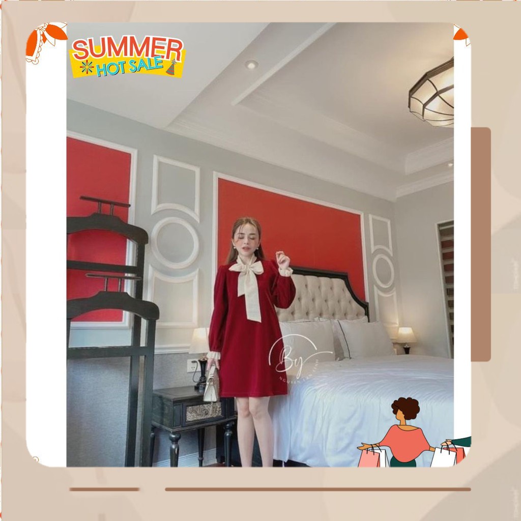 VÁY NHUNG SUÔNG CỔ BUỘC NƠ ĐÍNH NGỌC