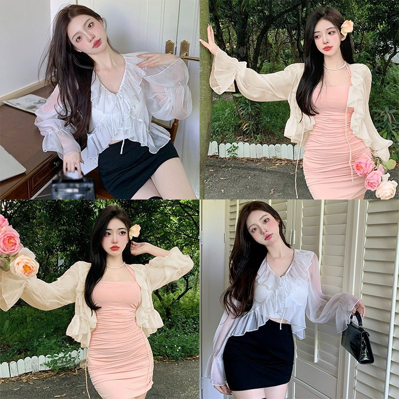 Áo Sơ Mi Voan Tay Loe Phối Bèo Ngọt Ngào Xinh Xắn Dành Cho Nữ