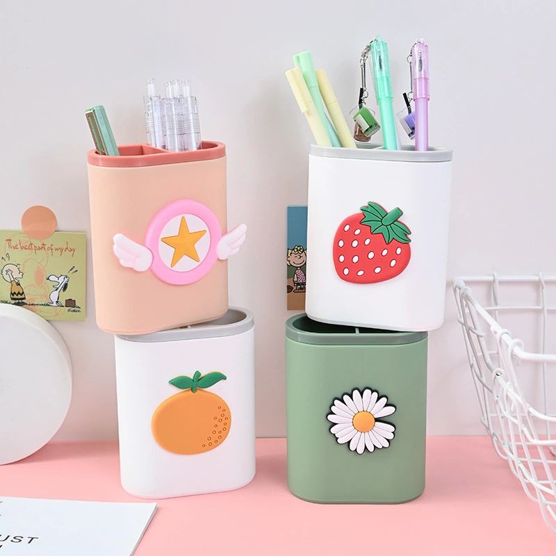 🍓Ống Cắm Bút 2 Ngăn [NHỰA TỐT] Có Sticker Phối Màu Dễ Thương Phong Cách Hàn Quốc BiTi CB222