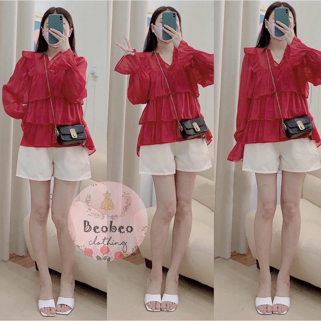 Set áo babydoll bèo tầng đỏ kèm quần short dễ thương