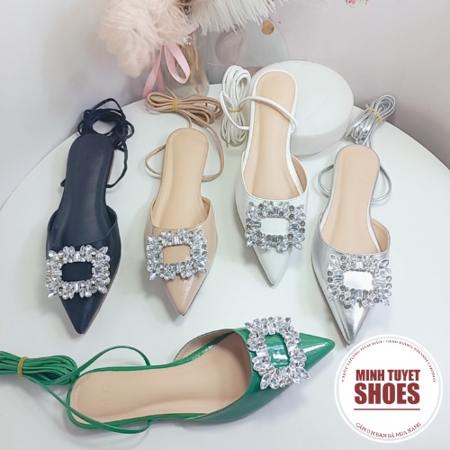 giày đế bằng mùa hè minhtuyetshoes sục nữ da bóng đính đá mẫu mới bền đẹp mũi nhọn sang chảnh
