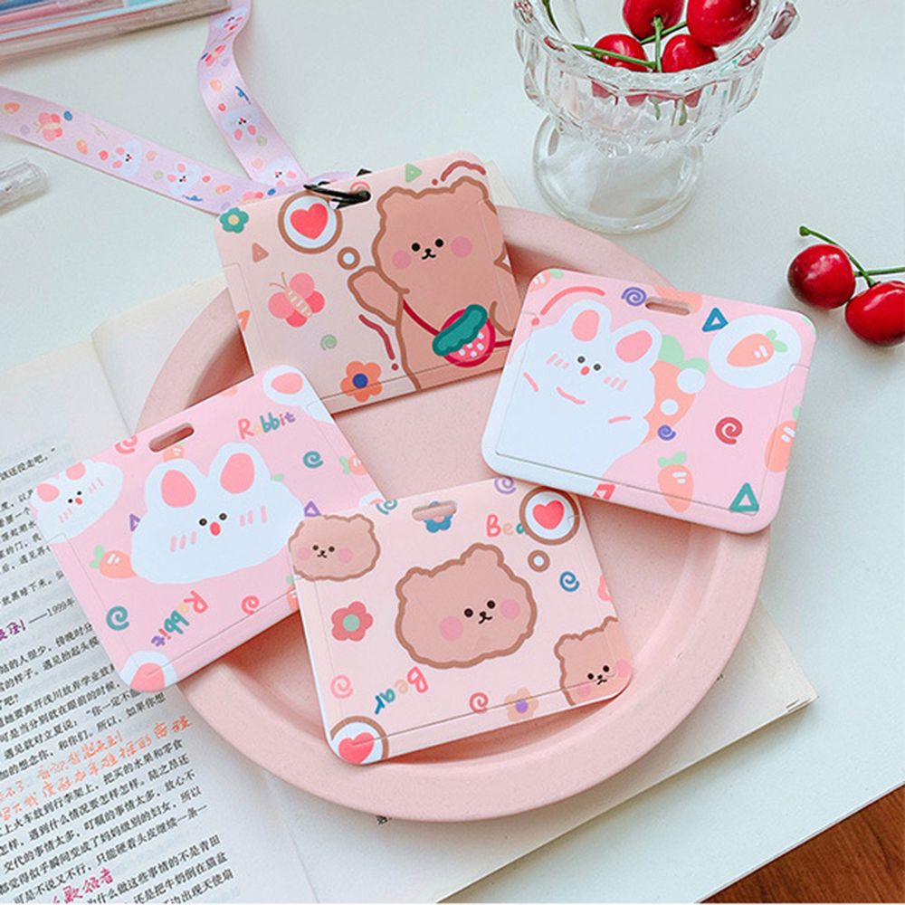 SWEETJOHN Korea Card Holder Rabbit Bear Name Card Cover with Long Lanyard ID Pass Holder Cute Fashion Design Women Girls Student Badge Case