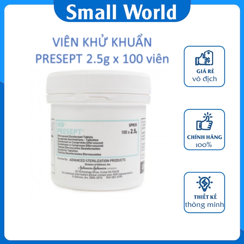 Johnson & Johnson PRESEPT Viên Khử Khuẩn 2.5g Bề Mặt, Dụng Cụ (Hộp 100 Viên)