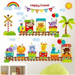 Decal Dán Tường Động Vật Tiếng Anh Kèm Đoàn Tàu Happy Travel Ngộ Nghĩnh