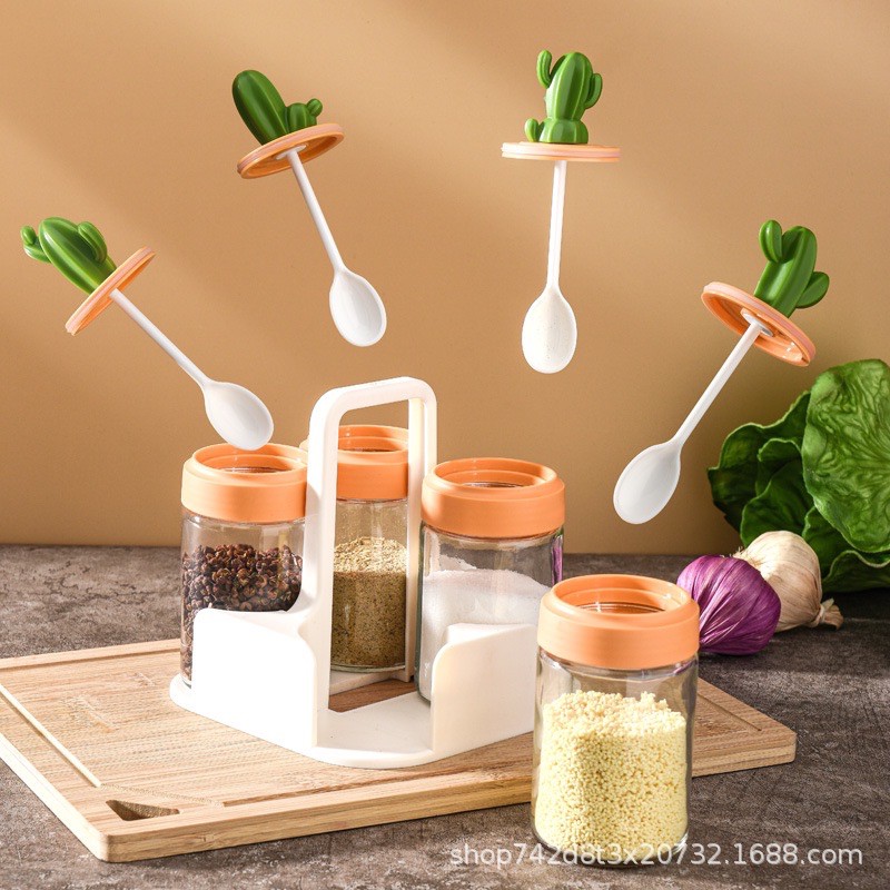 Bộ đựng gia vị nhà bếp nắp xương rồng, kèm thìa tiện dụng cao cấp dễ thương chống ẩm tuyệt đối [Haza Home Decor] | BigBuy360 - bigbuy360.vn