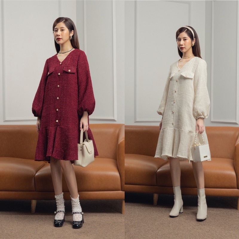 Đầm dạ tweed đuôi cá đính ngọc, dáng suông rộng bầu bí mặc thoái mái xinh | BigBuy360 - bigbuy360.vn