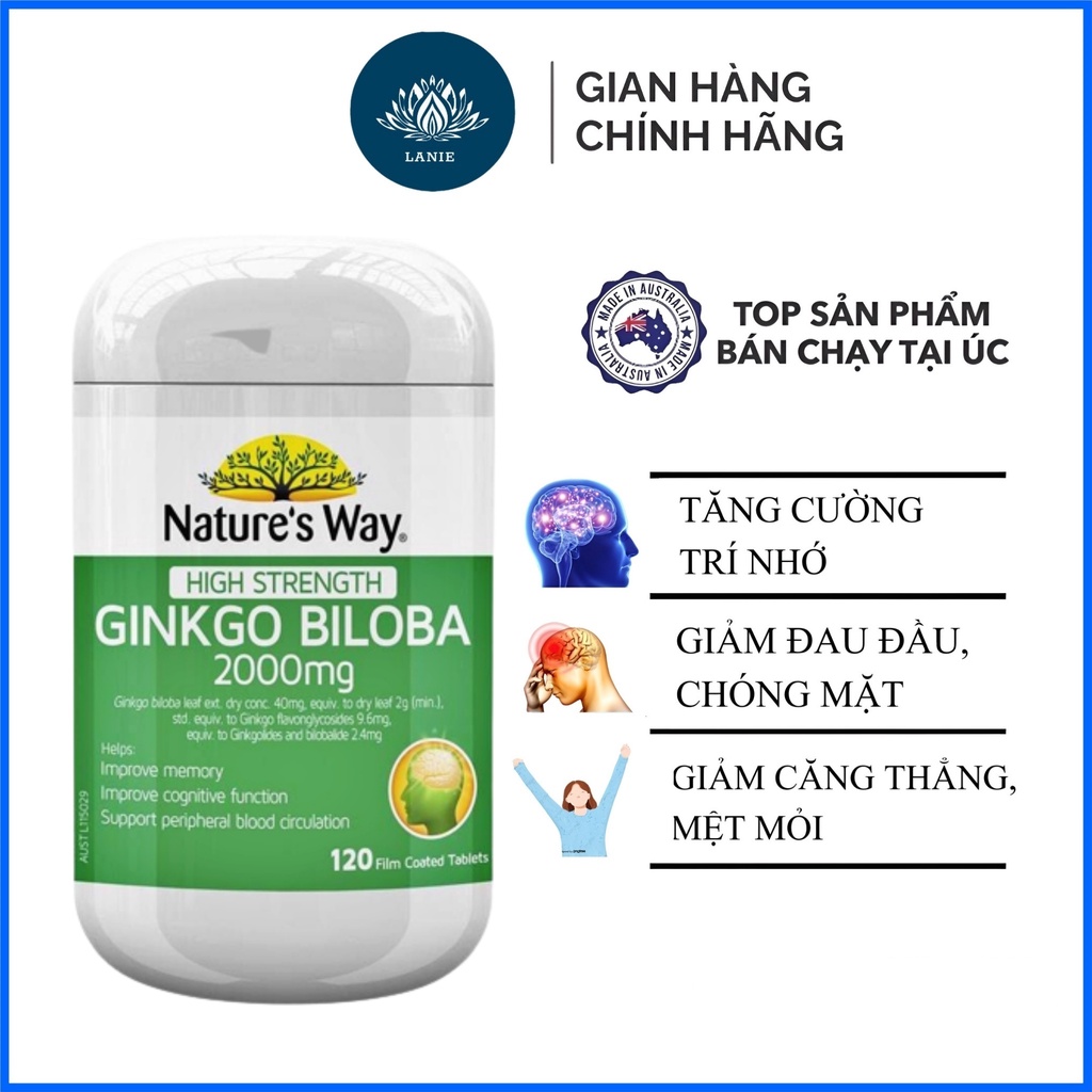 Bổ Não Ginkgo Biloba Nature's Way tăng cường trí nhớ Úc 120 viên