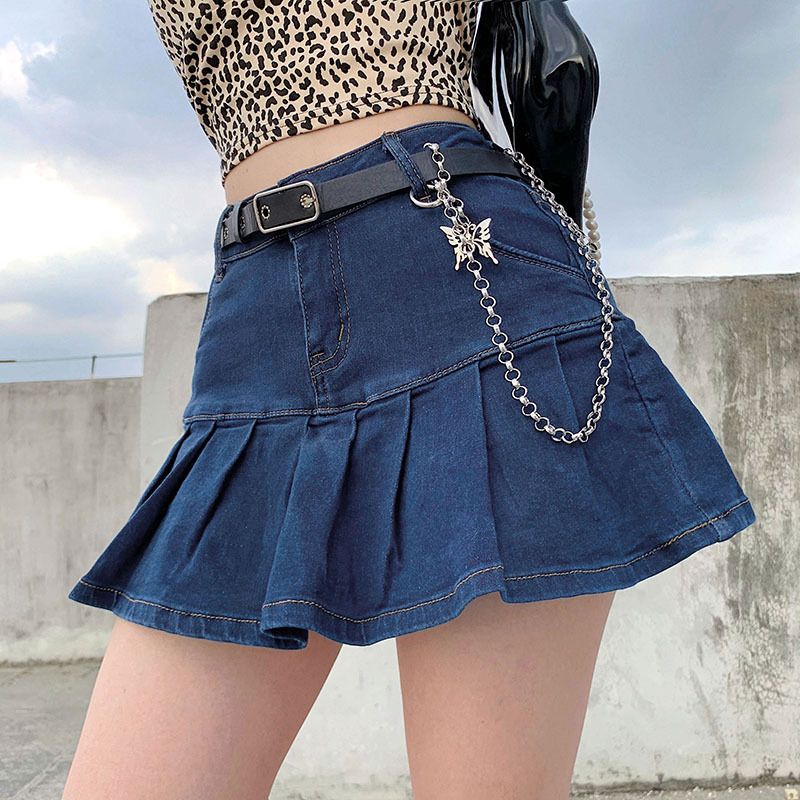 Ins Hot Women High Waist Plain Casual Street Denim Pleated Skirt | BigBuy360 - bigbuy360.vn