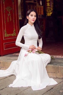 Bộ áo dài truyền thống màu trắng 4 tà (cổ 2cm tay dài)