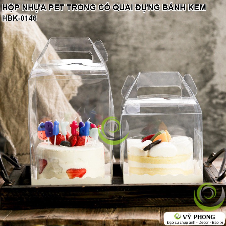 HỘP NHỰA PET TRONG SUỐT ĐỰNG BÁNH KEM BÁNH SINH NHẬT CÓ QUAI XÁCH KÈM ĐẾ HỘP PHONG CÁCH ÂU HÀN HBK-0146