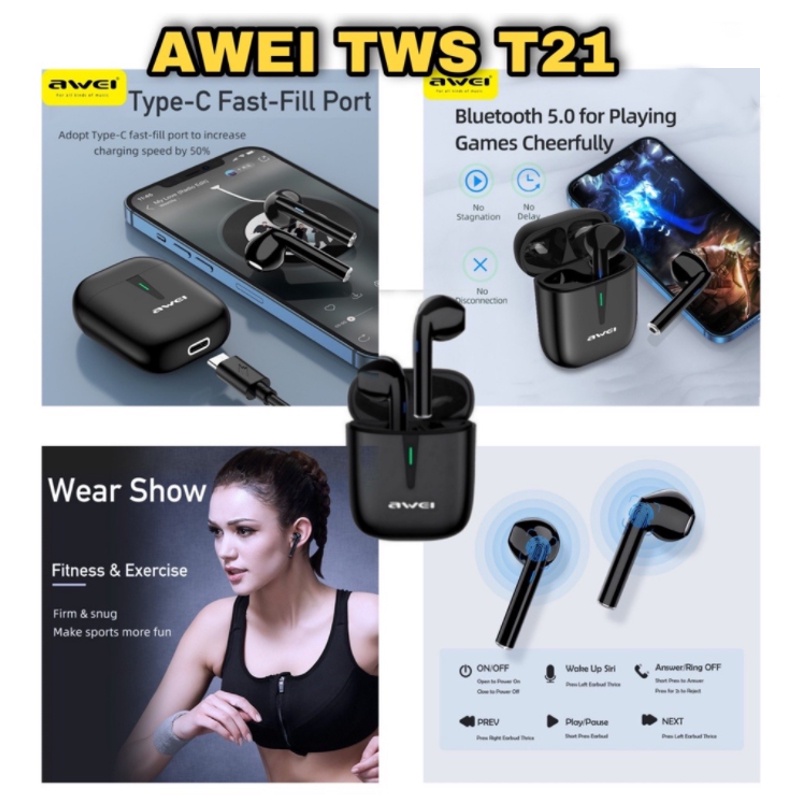 Tai Nghe Thể Thao Awei TWS Bluetooth 5.0 T36 T12P T17 T21 T28P T35 Màu Đen Chất Lượng Cao