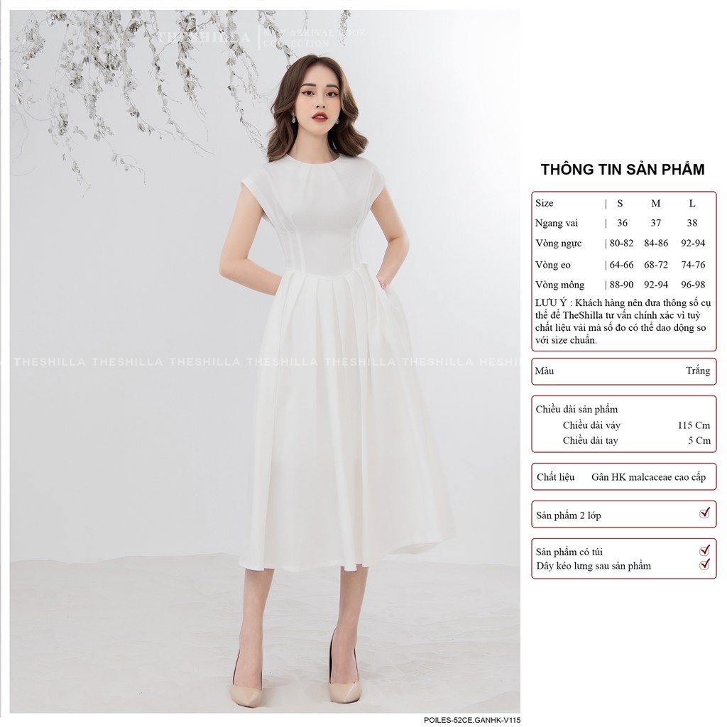 Váy thiết kế cao cấp trắng tay con form xòe xếp ly [ Có video + Ảnh thật ] The Shilla - Poiles-53C0