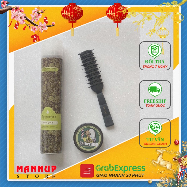 Combo Gôm Xịt Tóc Macadamaia 320ml + Wax Vuốt Tóc Barbershop + Lược Tạo Kiểu Tóc Chaoba CH1200 - Hàng Chính Hãng