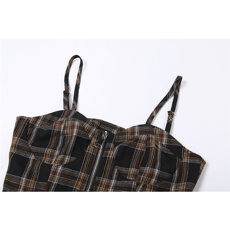 Áo Tank Top Dây Khóa Kéo Họa Tiết Kẻ Ô Thời Trang Dành Cho Nữ