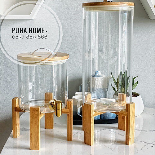 Bình thủy tinh[VIDEO SHOP TỰ QUAY] ♥️𝑪𝑨𝑶 𝑪𝑨̂́𝑷♥️ Bình thủy tinh BOROSILICATE kèm kệ gỗ có vòi vặn tiện lợi