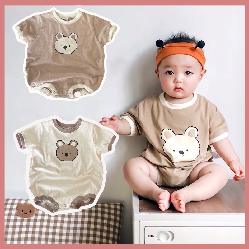 Bộ Áo Liền Quần Cotton Tay Ngắn In Hình Gấu Dễ Thương Cho Bé Sơ Sinh