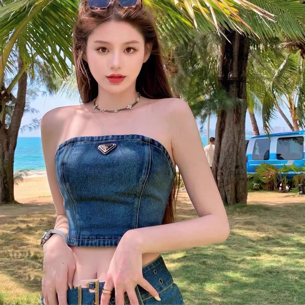jiashucheng Áo Ống Vải Denim Dáng Ngắn Trễ Vai Hình Tam Giác Tiêu Chuẩn Quyến Rũ Dễ Phối Đồ Thời Trang Mới