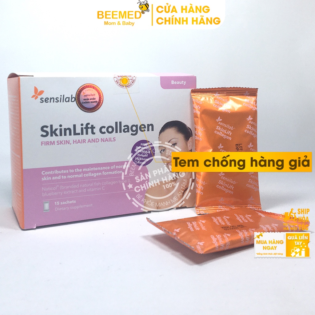 Hỗ trợ đẹp da, chống não hóa SkinLift Collagen hộp 15 gói Xóa tuổi thật nhờ tuổi da - từ Collagen, quả việt quất, vtm C