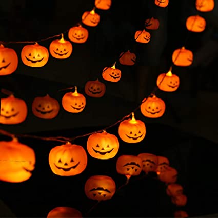 Dây đèn led hình bí ngô chạy pin loại 10 bóng, 20 bóng ánh sáng vàng trang trí Halloween