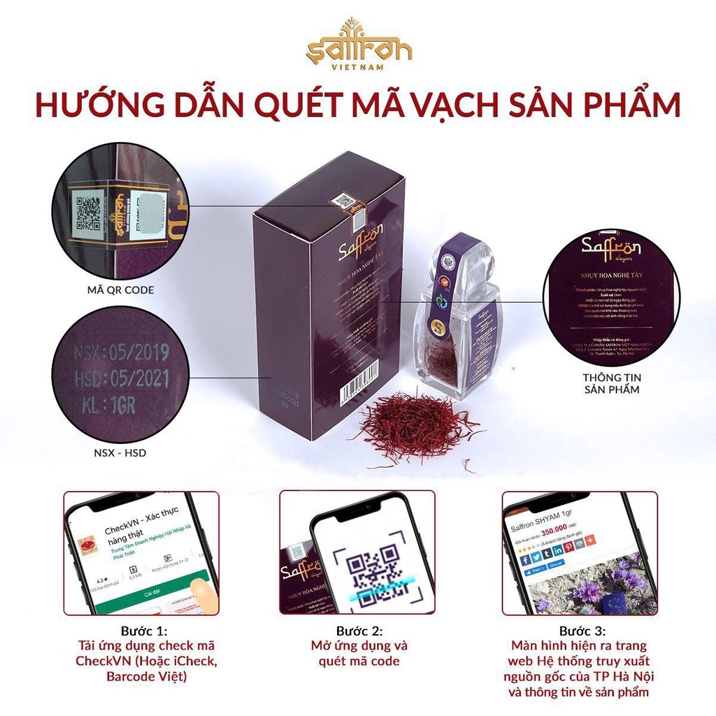 Nhụy Hoa Nghệ Tây Saffron SHYAM 2 hộp 1gram/hộp tặng Bột Saffron và Hoa Hồng Shiraz