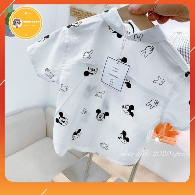 Áo Sơ Mi Cổ Bé Cho Bẻ Trai, Áo Mickey Cộc Tay Chất Đũi Sần Xuất Hàn Mềm Mại Thấm Hút Mồ Hôi