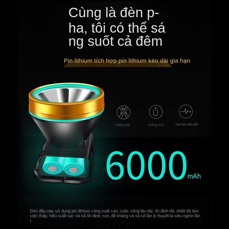 Đèn pha LED ánh sáng mạnh có thể sạc lại ngoài trời chiếu xa 3000 pin gắn trên đầu siêu m thợ câu cá ban đêm x