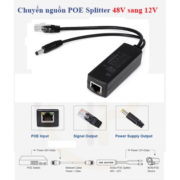 POE Splitter Thiết bị chuyển đôi 48V ra 12V dùng cho Camera giám sát, Thiết bị mạng hikvison dahua tplink