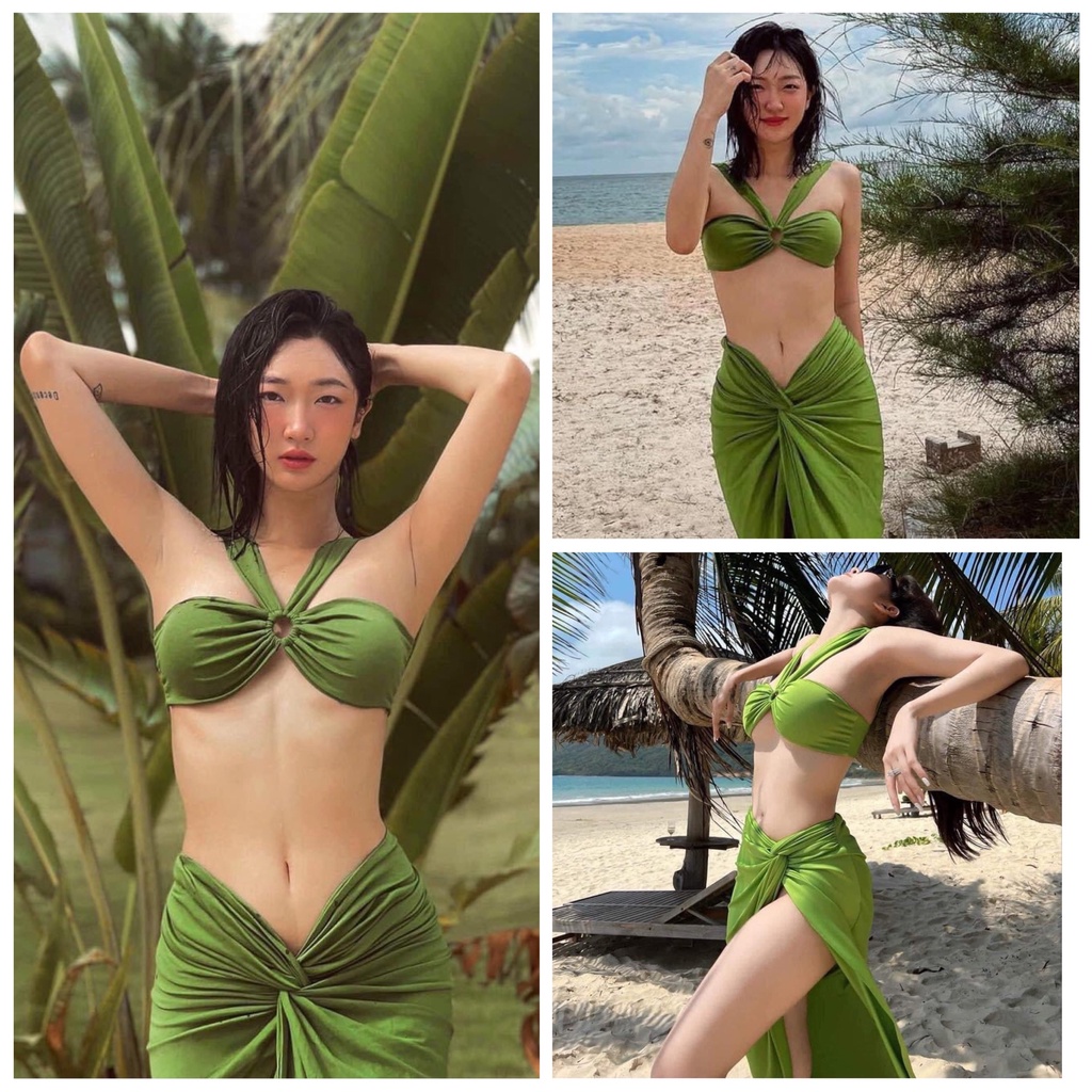 Set 3 bikini Hồ Ngọc Hà xanh cốm hottrend kèm áo váy choàng khoác ngoài SET08