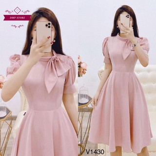 Váy đầm dự tiệc hồng be đính nơ quý cô sang chảnh SKU 0430