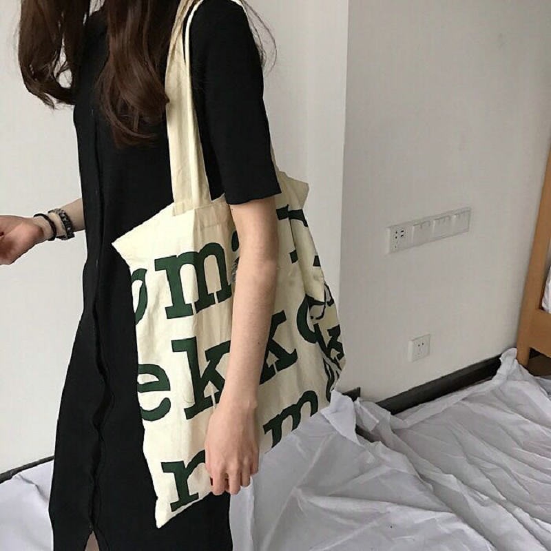 Túi TOTE,Túi Vải Canvas Nữ Size Lớn Phối Chữ Phong Cách Hàn Quốc