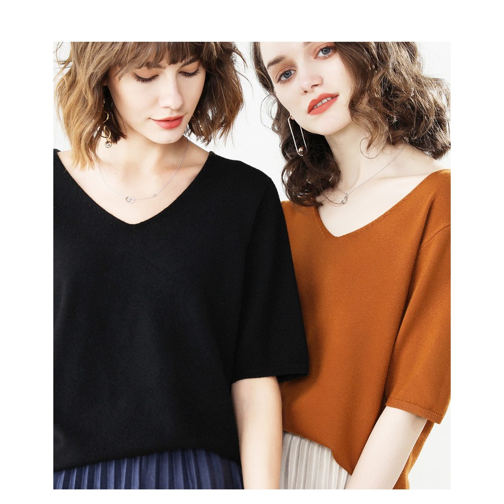 Áo len mỏng nữ, áo len tay cộc form rộng, chất len mềm mịn, thích hợp mùa xe lạnh, hàng nhập Quảng Châu