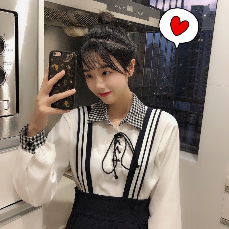 Áo polo Tay Dài Cổ Thắt Nơ Họa Tiết Caro Thời Trang Dành Cho Nữ