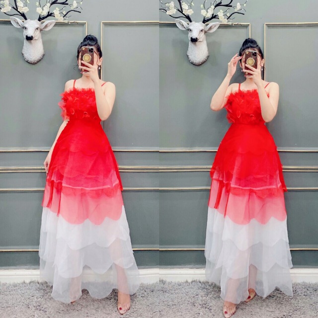 Đầm maxi dự tiệc2 dây xếp tầng phối hoa nổi TRIPBLE T DRESS - size M/L (ảnh chụp thật) MS48V