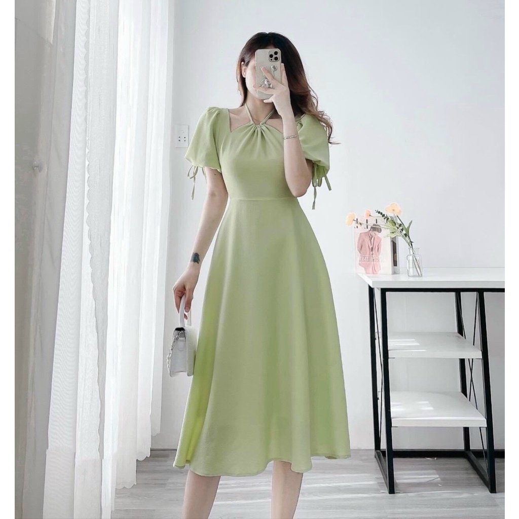 Đầm Cổ Yếm Khoét Vai Tay Phồng Cột Nơ Xinh Xắn - D0553