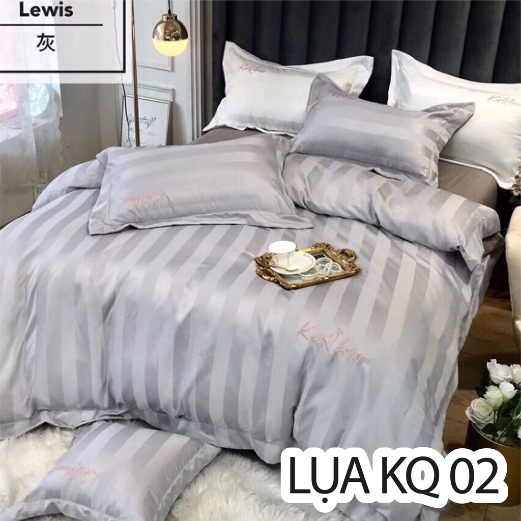 Trọn Bộ Chăn Ga Vỏ Gối Lụa Cotton Kẻ Sọc KQ - Ga Lụa Cao Cấp - Chữ Thêu
