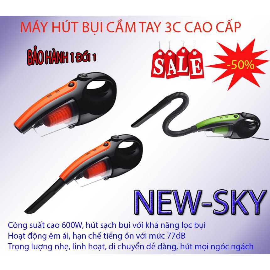 Máy Hút Bụi Xe Hơi, Máy hút bụi 0.6L (3C) dùng cho gia đình -Lực Hút Mạnh-Lực Thổi Nhanh-Dễ Dàng Di Chuyển- BH 1 ĐỔI 1