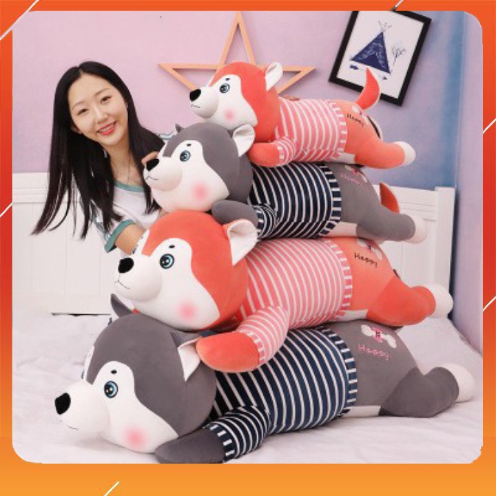 [Mã TOYJAN hoàn 20K xu đơn 50K] Gấu bông ,Chó bông husky áo kẻ happy vải co dãn 4 chiều tiêu chuẩn miniso