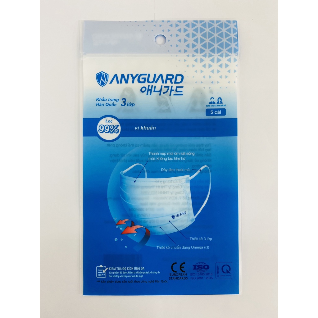 Combo 6 Túi Khẩu Trang ANYGUARD Hàn Quốc 3 Lớp Chính Hãng Cho Người Lớn - Lọc 99% Vi Khuẩn (30 Chiếc) - Màu Xanh