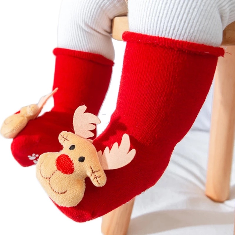Vớ Em Bé / Vớ Ngắn Bằng Vải Cotton Dày Ấm Áp Chống Trượt Hình Ông Già Noel / Tuần Lộc Giáng Sinh