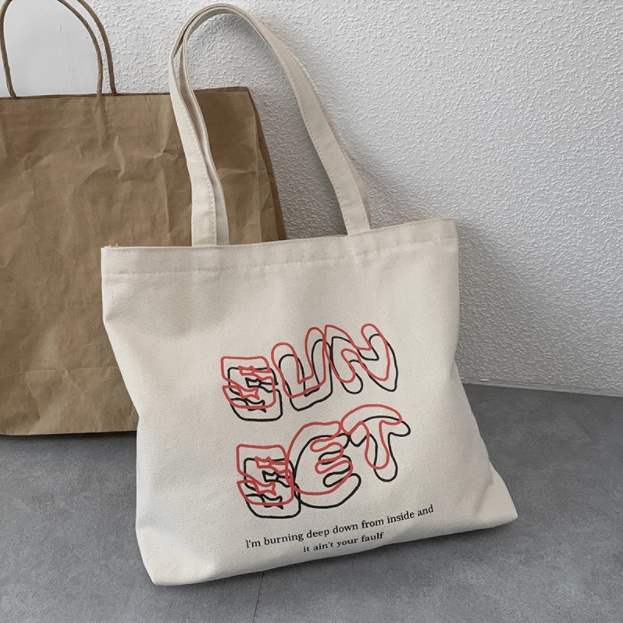 Túi tote vải canvas ulzzang unisex đi học đi làm có khoá miệng, có ngăn phụ in chữ SUN SET màu be