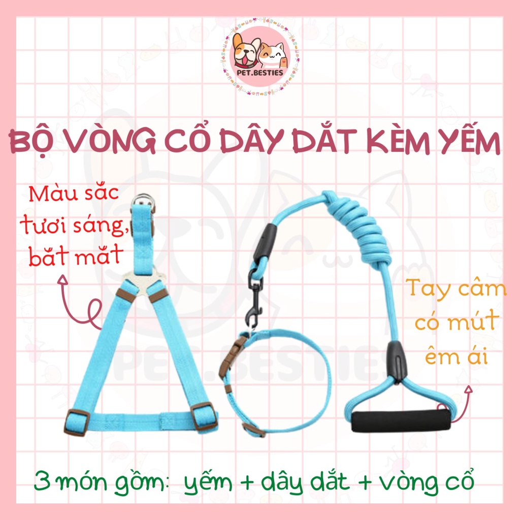 Bộ Vòng Cổ + Dây Dắt Thú Cưng Kèm Đai Yếm, Dây dắt thú cưng Cao Cấp - Tay Cầm Có Mút - Pet.Bestie