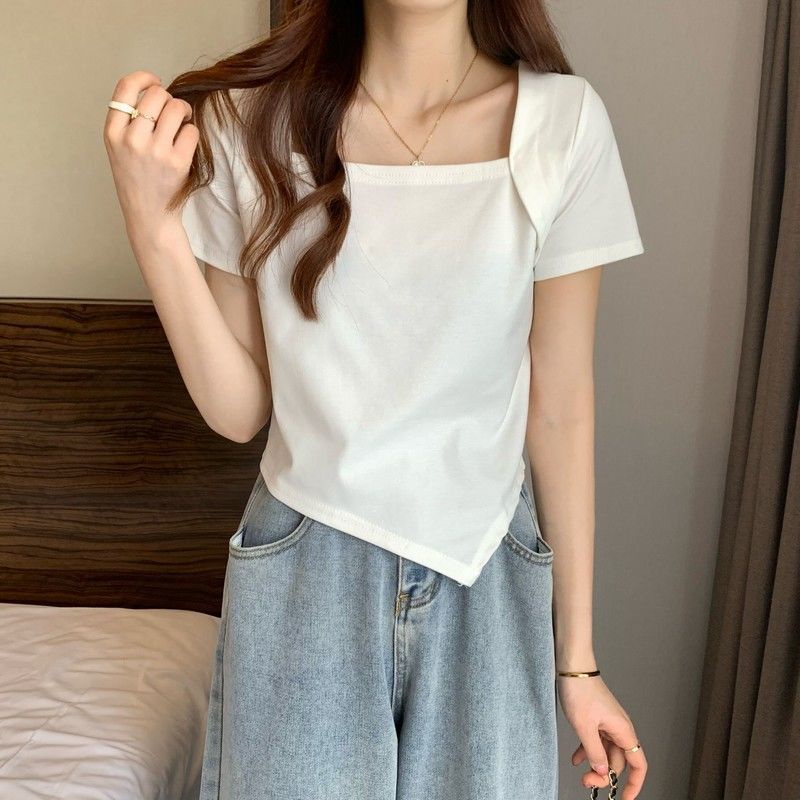 Áo Thun Ngắn Tay Cổ Vuông Màu Sắc Thời Trang Dành Cho Nữ