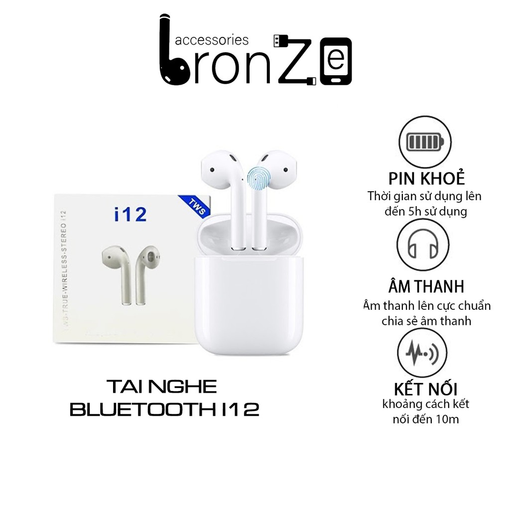 Tai nghe Bluetooth i12 TWS, Tai nghe không dây i12 cảm ứng điều khiển cảm biến âm thanh HIFI cho Android iOS