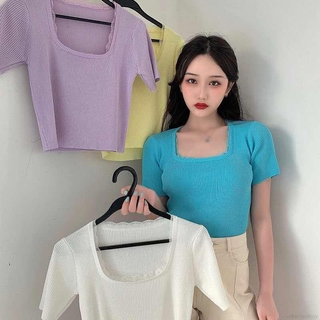 Áo dệt kim cổ vuông viền ren tay ngắn thời trang nữ retro