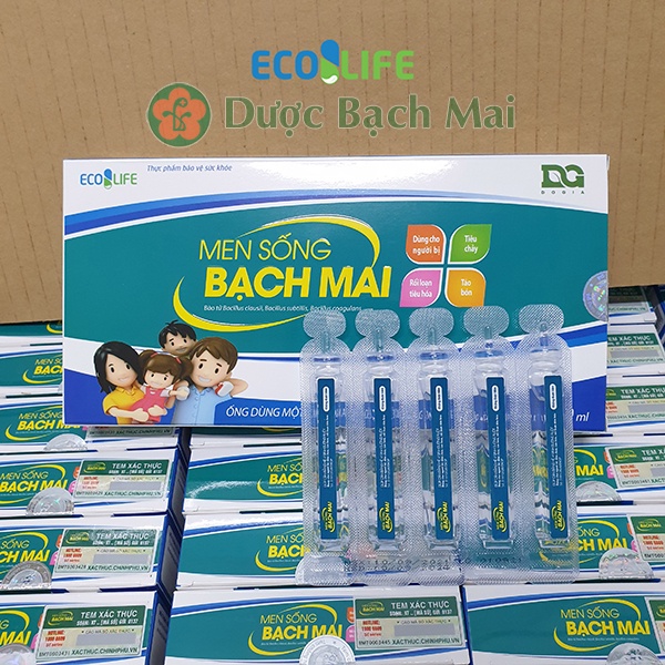 Men sống Bạch Mai (men vi sinh dùng cho táo bón, tiêu chảy) bổ sung bào tử lợi khuẩn, Chính hãng Ecolife, hộp 20 ống